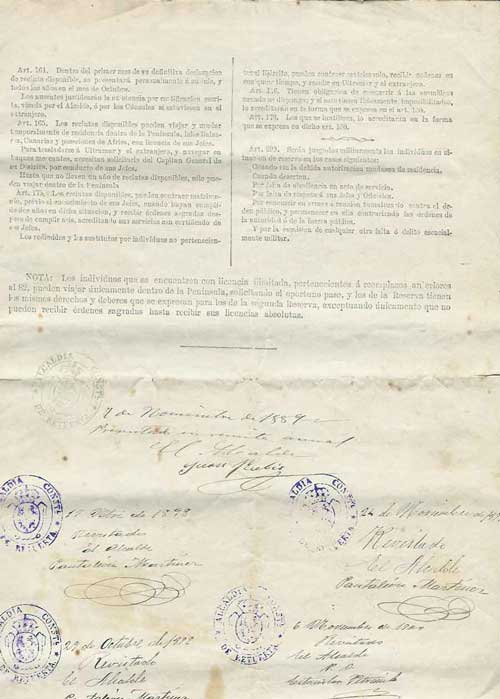 Documento de excedencia de cupo de 1889